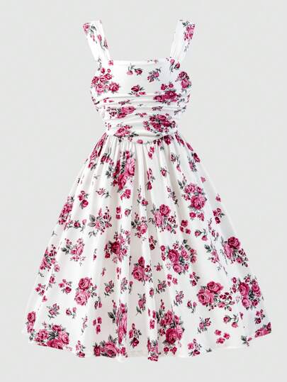 SHEIN 少女时尚碎花无袖短裙，适合外出、聚会和派对