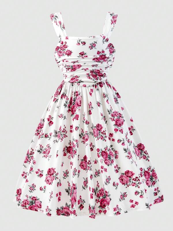 SHEIN 少女时尚碎花无袖短裙，适合外出、聚会和派对