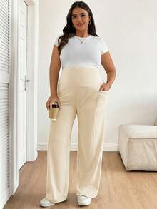 Plussiva 孕妇加大码纯色高腰带口袋休闲夏季百搭裤 - 米色 - 查看 3