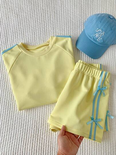 2026 New Arrival Spring/Summer Women's Round Neck Raglan Sleeve T-Shirt And Shorts Casual 2 Pieces Set Festival Outfits For Women Beach Outfit For Women Yellow Sets  Women's Sportswear Workout Sets For Women