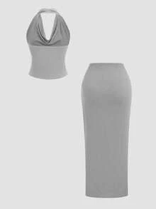 Sweetra Women's Solid Color Plunging Neck Backless Halter Top & Side Slit Skirt Set - Light Grey - View 2
