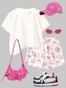 2pcs/Set Tween Girls' Casual Seashell, Starfish, Hibiscus, Bow Print Short Sleeve Round Neck T-Shirt And Shorts, Suitable For Spring/Summer Daily Wear, Street Style, Vacation, Homecoming, Back To School - Multicolor - View 2
