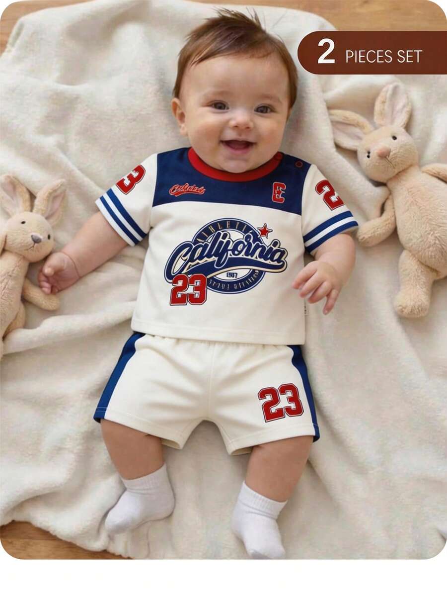 Newborn Baby Boy Clothes Off-White Summer Casual Vacation Sports Letter Print Short Sleeve T-Shirt And Shorts Set,Basketball Football Baseball Outfit - Apricot - View 1