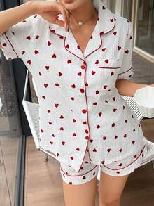 SHEIN 女士100%纯棉提花短袖短裤睡衣套装，心形印花，夏季睡衣 - 白色 - 查看 7