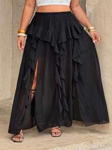 Rustia 低腰迷你裙，西部风，度假风，夏季女装，沙滩女装，不对称荷叶边雪纺飘逸系腰半身裙，复古性感A字中长裙，朋克哥特风不对称下摆半身裙，高腰荷叶边开衩半身裙，不对称修身半身裙，设计感 - 黑色 - 查看 3