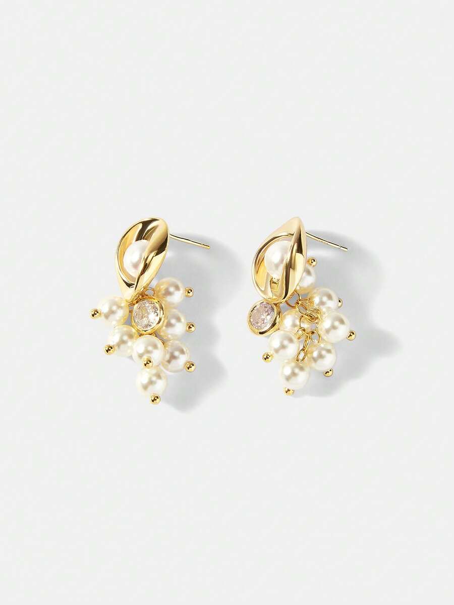 MOTF PREMIUM Pre Gold Plated Micro Inlaid Metallic Imitation Pearl Earrings - Yellow Gold - View 2