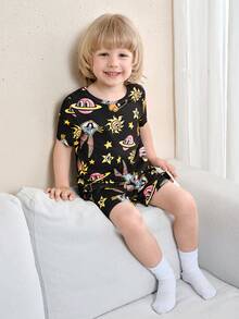 LOONEY TUNES X SHEIN Young Boy Cartoon Print Crew Neck Short Sleeve Top And Shorts Casual Sleepwear Set - Multicolor - View 1