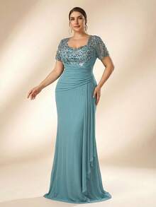 Serin Plus Size Elegant Romantic Mint Green Sweetheart Neck Puff Sleeve Luxury Embroidered Mesh Patchwork Pearl & Rhinestone Ruffle Mermaid Hem Formal Evening Gown (Intricate Design) Mother - Green - View 8