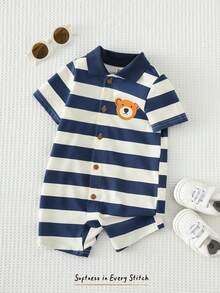 Cozy Pixies Baby Boy Cartoon Bear Striped Lapel Short Sleeve Romper - Blue - View 6