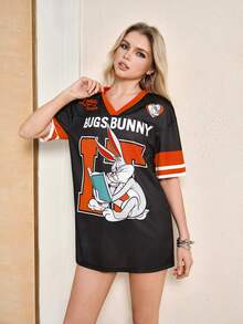 LOONEY TUNES X SHEIN 女士V领短袖宽松夏季迷你连衣裙，X - 黑色 - 查看 4