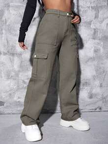 SHEIN ICON Celana Kargo Denim Washed Kasual Ukuran Besar dengan Pinggang Elastis - Hijau Tentara - View 3