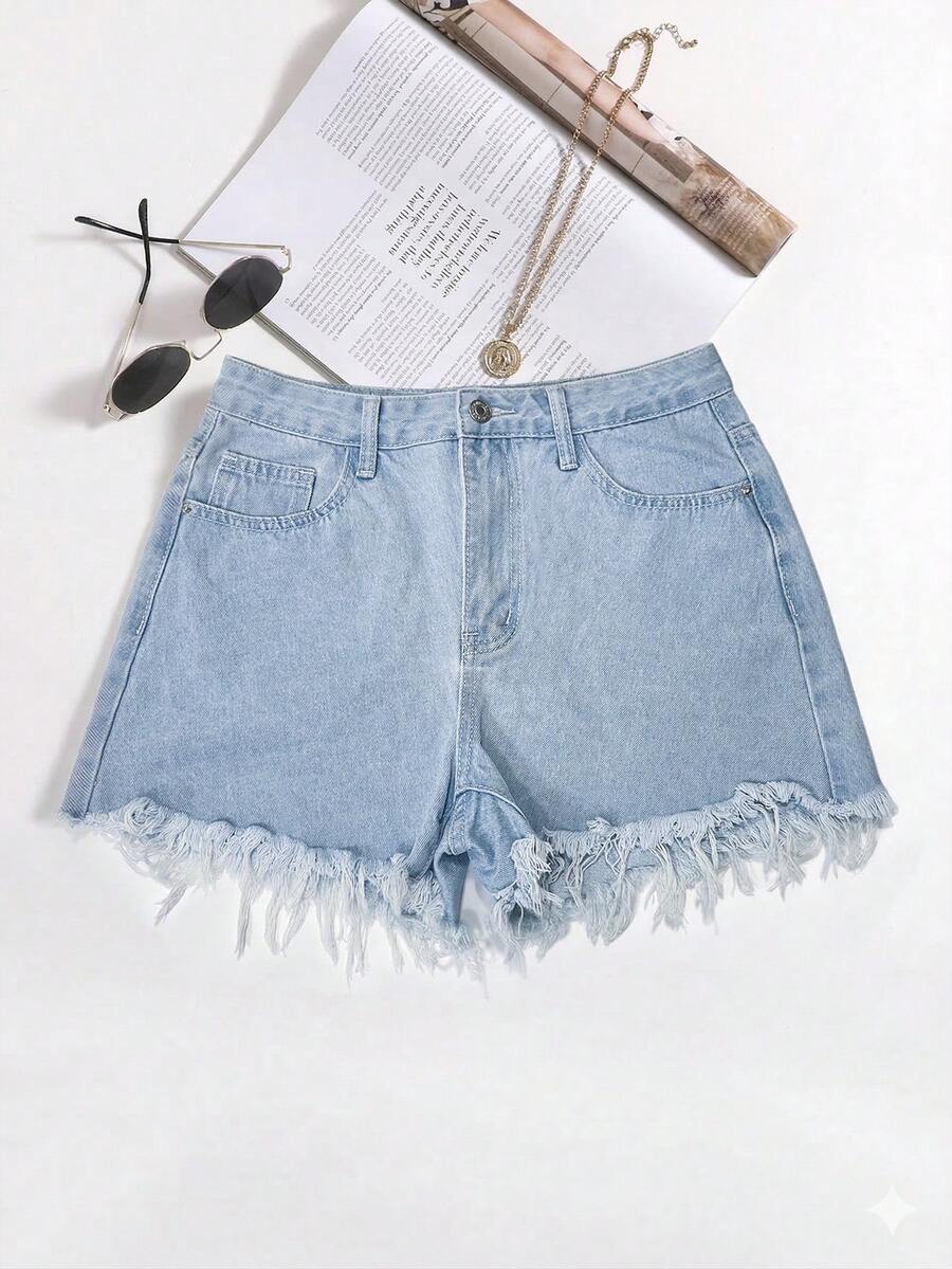 EMERY ROSE 女式磨边休闲牛仔短裤（夏季） - 淺色水洗藍 - 查看 1