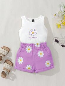 SHEIN Playful Pals 女婴吊带短裤套装 春夏新款 甜美清新雏菊印花无袖上衣 紫色短裤 舒适优质棉质 日常基础款 上学服 度假棉质春夏装 女婴两件套 儿童女童套装 女婴服装 夏季女婴服装套装 春季女童服装 - 紫色 - 查看 2