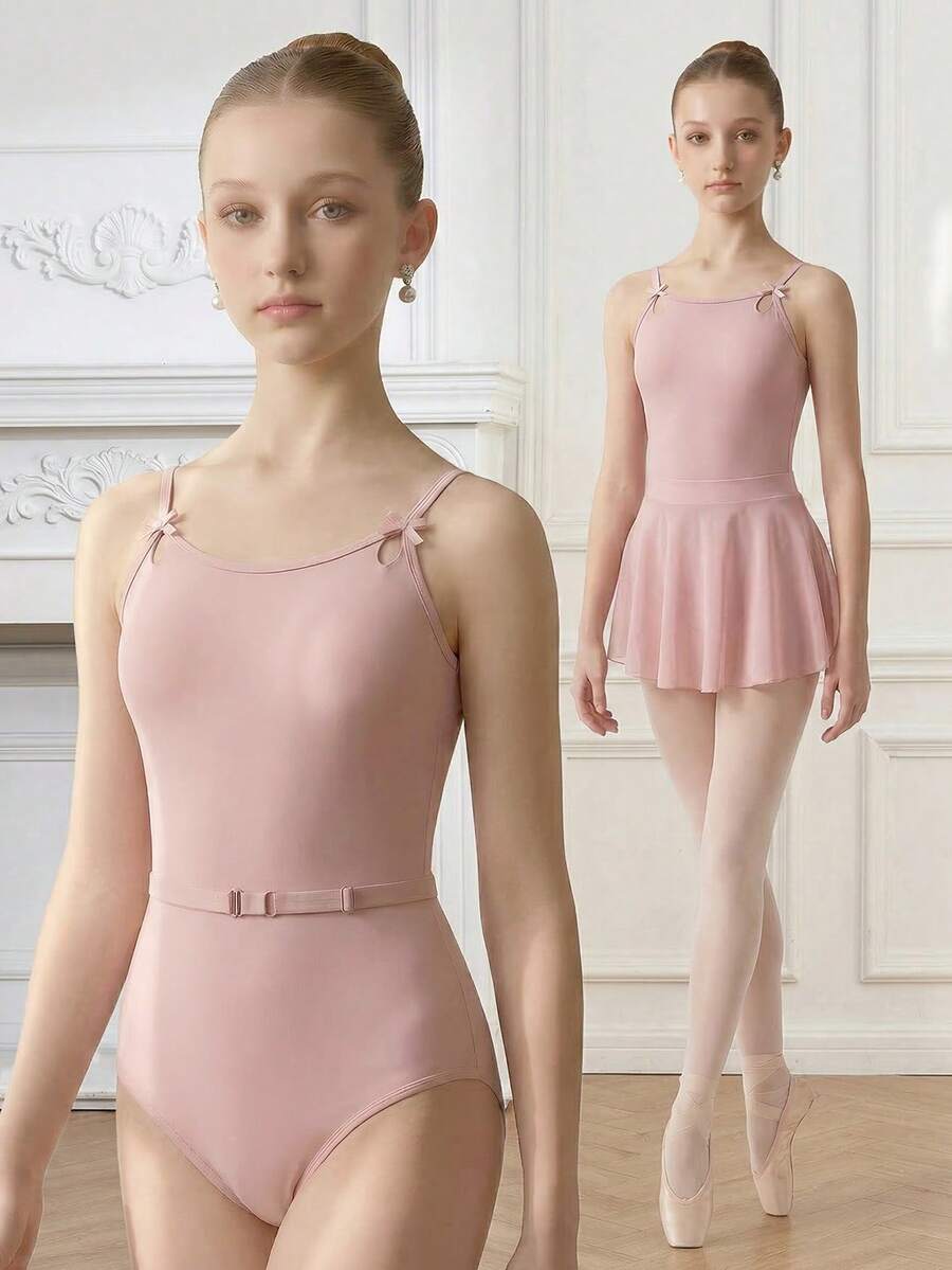 Tween Girls' Pink Minimalist High Stretch Fabric Sleeveless Leotard With Bow Tie And Mesh Cutout, Suitable For School, Professional Training, Ballet, Gymnastics, Dance Studio Practice - Pink - View 1