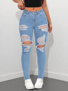 SHEIN Tall Women's Pocket Button Distressed Casual Versatile Daily Wear Jeans - Light Wash - View 6