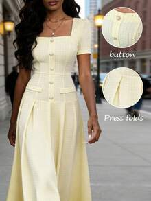 Elenzga 女士春夏新款优雅通勤简约休闲日常约会连衣裙，浅黄色纹理面料短袖方领收腰A字连衣裙 - 淡黃色 - 查看 7