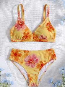 SHEIN Tween Girls' Summer Ditsy Floral Camisole Bikini And Triangle Panty Swimsuit Set, Beach Holiday - Coral Orange - View 1