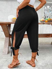 Breezaya 大码女式束腰休闲双色裤 - 黑色 - 查看 2