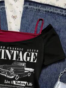 Attitoon Women's Casual Retro Contrast Color Short Sleeve T-Shirt With Vintage Car Pattern,Summer Top - Red and Black - View 5