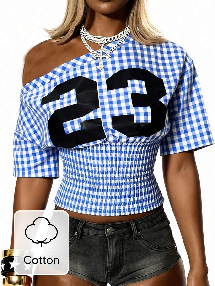 BamGleam Women's Casual Plaid Numeric Print Cinched Waist T-Shirt, Summer,Vacation, Holiday, Summer Holiday, Vacation - Blue - View 1