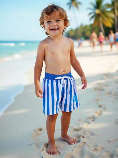 Young Boy Striped Drawstring Casual Beach Shorts, Summer
