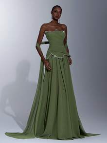 Elitara 优雅橄榄绿无肩带不对称领口奢华水钻链条腰部褶皱A字型长裙（含可拆卸挂脖），适合约会、度假、单身派对、婚礼及所有正式场合，女士晚礼服 - 橄欖綠 - 查看 7