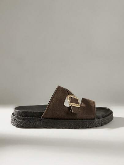 Solecia New Fashion Metal Buckle Decor, Open Toe, Platform Thick Bottom Slippers, Fashionable Slides, Comfortable Non-Slip, Versatile, Easy To Clean, Beach Sandals, Suitable For Daily Wear