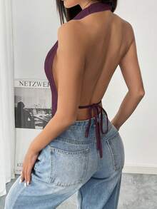 Flirla Women's Solid Color Halter Backless Sexy Sleeveless Tank Top - Maroon - View 2