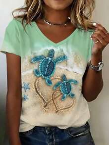 Women's V-Neck Short Sleeve Sweatshirt With Tie-Dye Printed Sea Turtle And Hawaiian Flower Patterns, Fashionable For Spring/Summer - Multicolor - View 1
