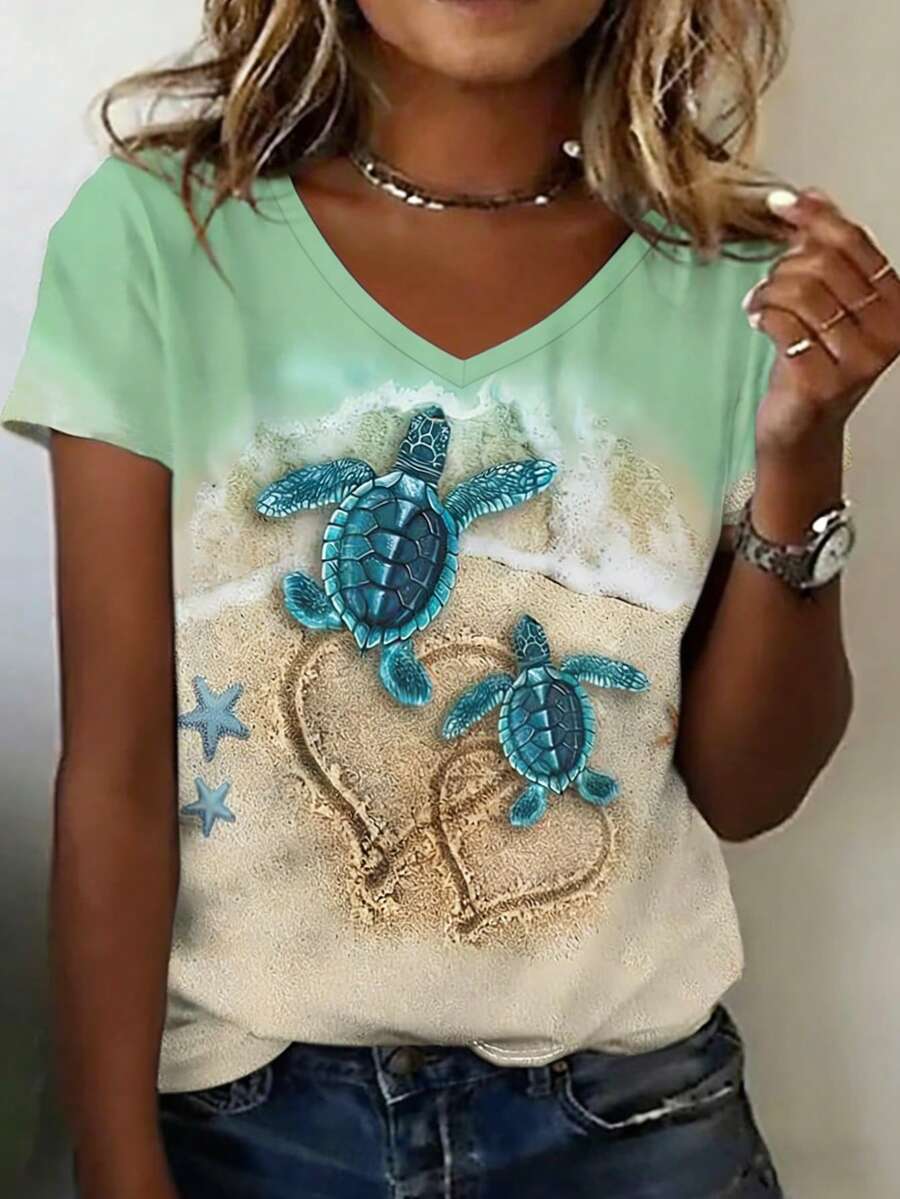 Women's V-Neck Short Sleeve Sweatshirt With Tie-Dye Printed Sea Turtle And Hawaiian Flower Patterns, Fashionable For Spring/Summer - Multicolor - View 1