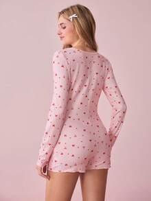 Bonmuse 女士半拉链蝴蝶结爱心印花可爱罗纹针织连体衣，休闲舒适长袖，冬季 - 粉色 - 查看 2