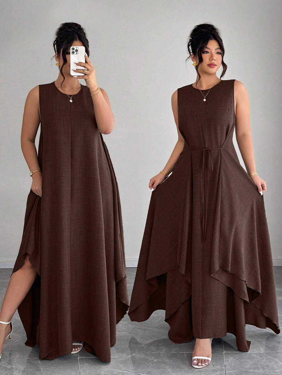 Elenzga Đầm dáng chữ A thắt eo bất đối xứng dành cho nữ cỡ lớn, thanh lịch, thích hợp đi làm, đi nghỉ mát, mặc hàng ngày. - màu nâu - Xem 1