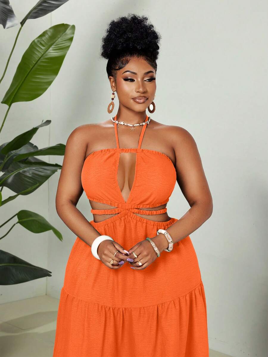 Maweii Plus Size Fashion Summer Strapless Dress - Orange - View 1