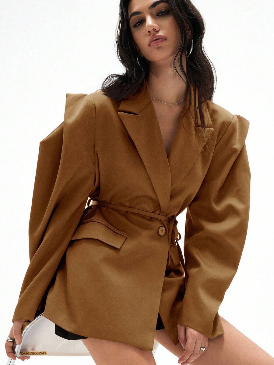 GENKIRA Áo blazer dáng rộng, thoải mái, đa năng, phù hợp đi làm, vai rộng, có dây rút trang trí, màu trơn. - màu nâu - Xem 1