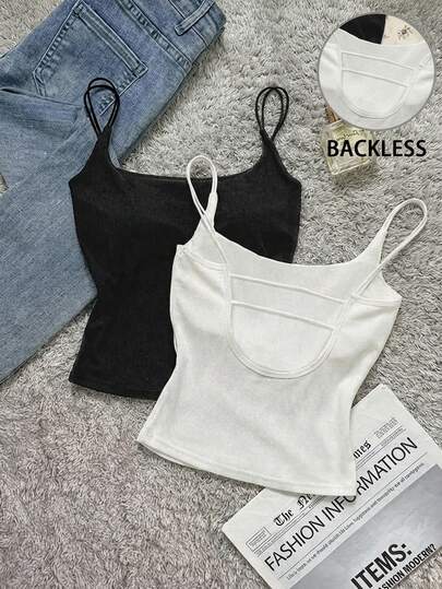 Attitoon 2pcs/Set Women's Backless Tight Camisole Set, Backless Camisole For Women's Summer Outfit
