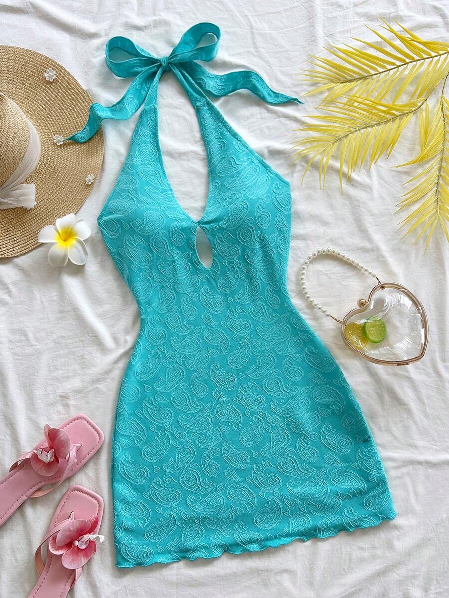 Soleia 女士休闲度假、海滩婚礼宾客、毕业典礼、早午餐、圣帕特里克节、春假、复活节、音乐节等场合的优雅波西米亚热带风情露背紧身迷你连衣裙，适合秋冬季穿着。 - 水鴨藍 - 查看 1