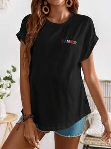 SHEIN Maternity Round Neck Letter Print Casual Versatile Daily Wear Short Sleeve T-Shirt World Cup - Black - View 3