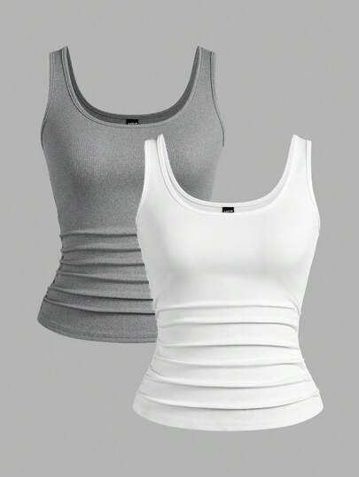 Slaydiva 3pcs/Set Black + White Casual Basic Camisole Sleeveless Deep V-Neck Ribbed Tank Top For Women Women's Vest Tops Women's Tank Tops Yoga Top Workout Tanktops Workout Tops Women,Summer Top