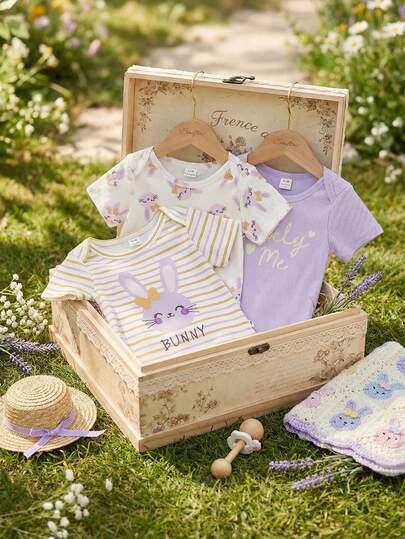 Souflis Souflis 3pcs/Set Cute Cartoon Rabbit & Striped Print Unisex Baby Romper, Suitable For Spring/Summer Outings, Photoshoots Or Everyday Wear