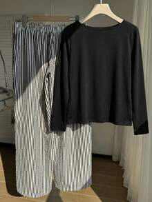 Comfortcana 2025冬季大尺碼女款休閒黑白條紋居家服Curve 2件套，刺繡鈕扣上衣與條紋長褲，感恩節穿搭 - 黑色 - 查看 2
