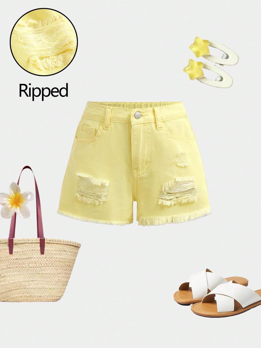Girlism 女童黄色牛仔修身破洞短裤 - 黃色 - 查看 1