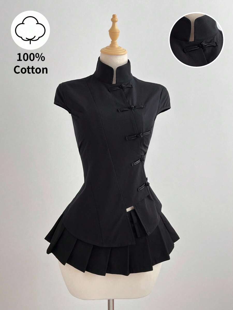 Black Cotton Mandarin Collar Short Sleeve Fitted Side Slit Shirt, New Chinese Style Retro Chic Commuting Elegant Campus Casual Versatile - Black - View 1