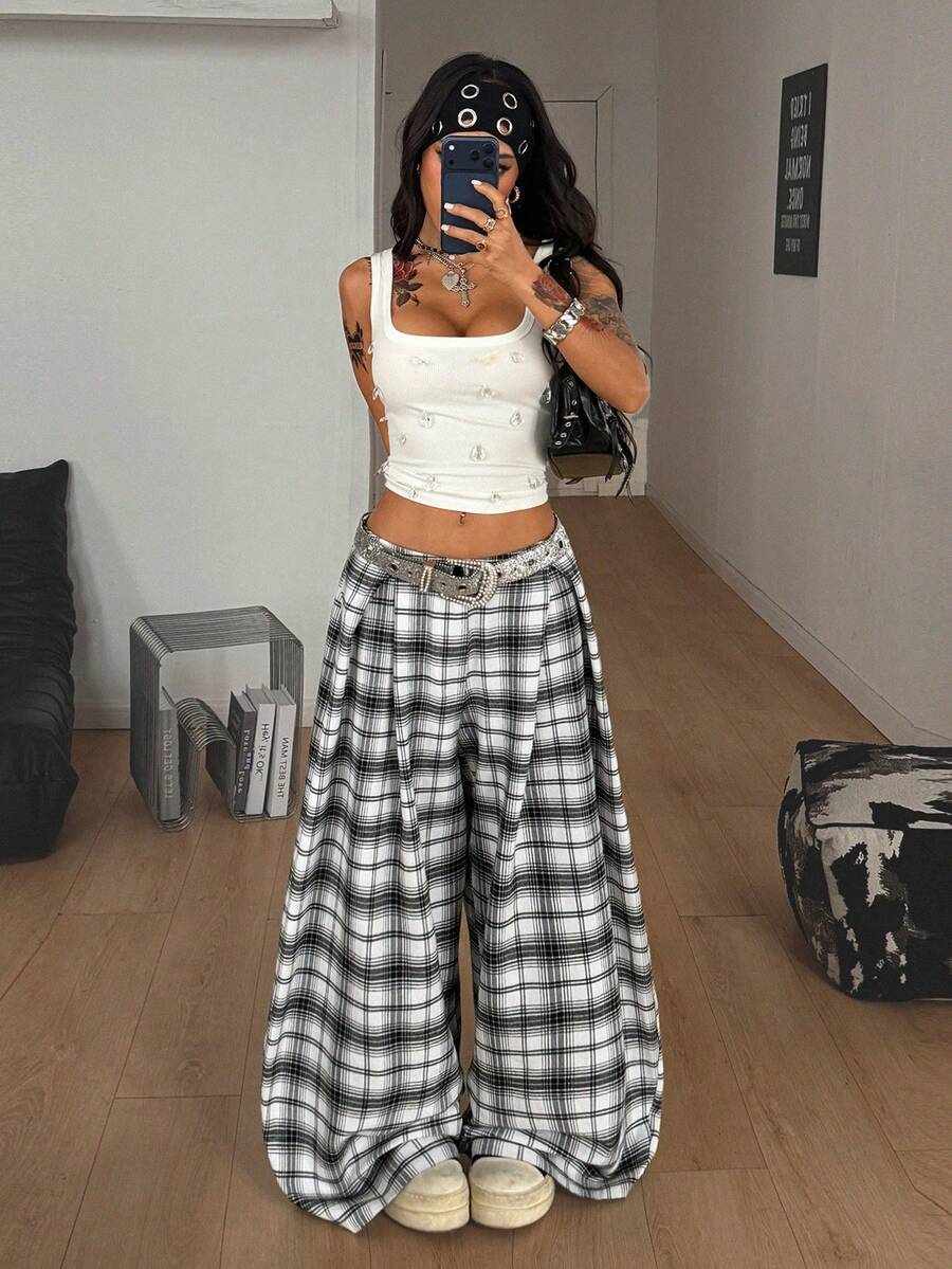 Coolane Quần dài nữ mùa hè kiểu vintage, phong cách hippie, dáng rộng, màu xanh rêu quân đội. - Đen và trắng - Xem 1