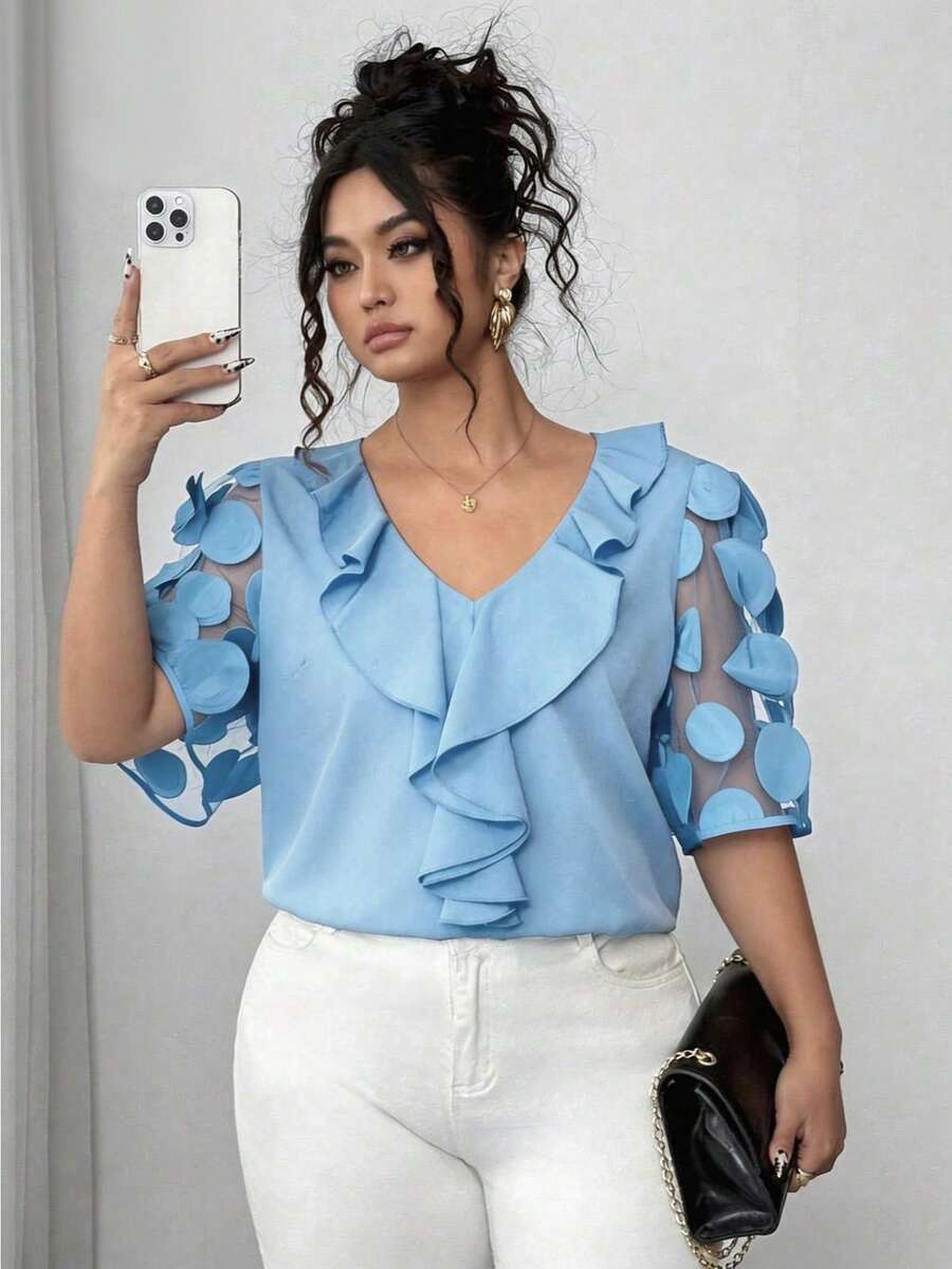 Elenzga Plus Size Women's Mesh Patchwork Puff Sleeve Solid Color V-Neck Ruffle Hem Blouse, Summer - Blue - View 1