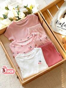 Vintaside Kids 3pcs Girls' Cute Mini Cherry Print Casual Loose Short Sleeve T-Shirt And Shorts Set, Suitable For Summer - Multicolor - View 6
