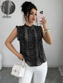 Franclia French Retro Polka Dot Sleeveless Chiffon Blouse. Classic Black And White Polka Dot Chiffon Fabric, Breathable And Smooth. It Won't Make You Sweat In Summer. It Has A Hazy And Transparent Quality. The Ruffled Stand-Up Collar And Placket Design Show A Retro Style. It Is Suitable For Snrina And Women In Summer. It Is Suitable For Summer, Spring, Easter, Festivals, Parties, Beach Weddings, Graduation Ceremonies, Outdoor Activities, Birthday Celebrations, Elegant Vacations, Casual Wear, Luxurious Style, Sportswear, Formal Wear, And Graduation Season Clothing. It Is Also Suitable For Fashionable Casual Commuting Wear, Business Office Wear, Versatile And Fashionable Daily Casual Wear, And Urban Teacher Professional Wear. - Black - View 5