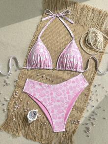 Swim Mod Conjunto de bikini de playa de vacaciones dulce con estampado de concha para mujer de talla grande - Rosa - Ver 1