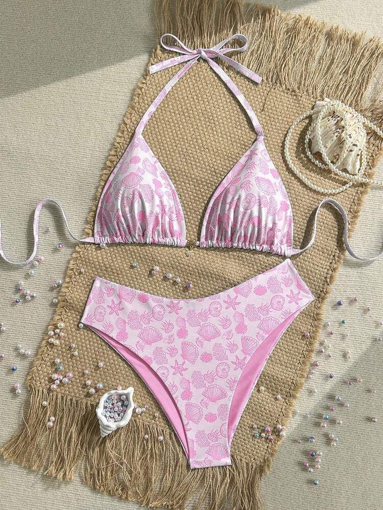 Swim Mod Plus Size Women's Shell Print Sweet Beach Vacation Bikini Set - Pink - View 1