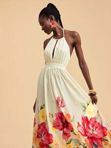 Travachic 女士碎花束腰露背无袖连衣裙，适合春夏度假 - 杏色 - 查看 8