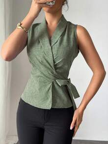 SHEIN Unity Women's Solid Color Wrapped Pleated Sleeveless Blouse, Elegant For Spring And Summer - Olive Green - View 5